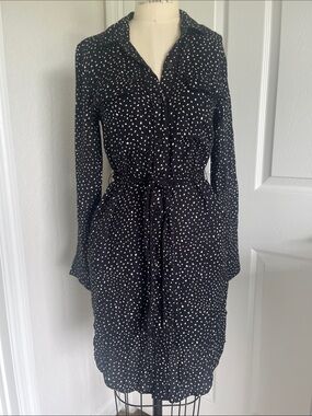 Volcom Black Shirt Dress with White Dot Print Tie Waist and Pockets Office Comfy